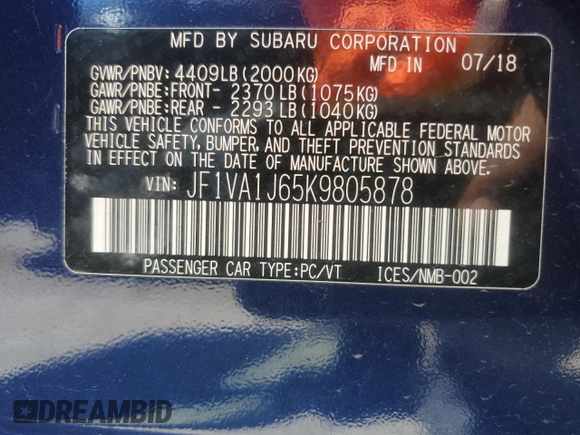 2019 Subaru WRX Limited with VIN JF1VA1J65K9805878, listed as a Copart auction lot 56692974 with 32,845 mi miles and Salvage title. Bid and sale history available at DreamBid. Image 12.
