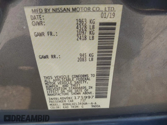 2019 Nissan Altima 2.5 SV with VIN 1N4BL4DV0KC175997, listed as a IAAI auction lot 41884416 with 92,969 mi miles. Bid and sale history available at carsss.com. Image 9.