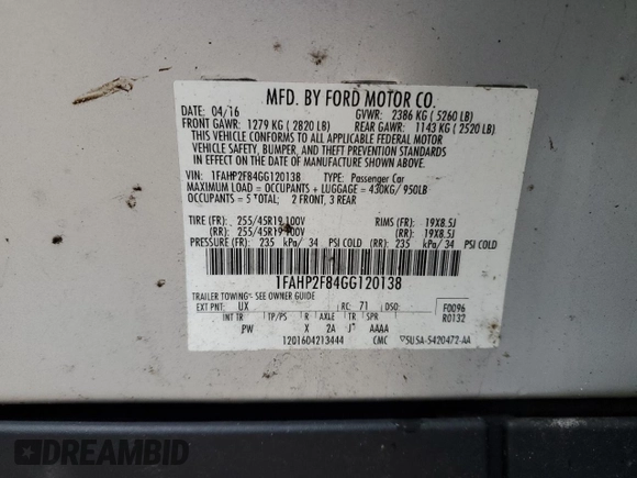 2016 Ford Taurus Limited with VIN 1FAHP2F84GG120138, listed as a Copart auction lot 52033285 with 167,193 mi miles and Non Repairable. Bid and sale history available at DreamBid. Image 12.