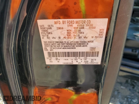 2006 Ford Escape Limited z VIN 1FMCU04146KA60909, wystawiony jako Copart lot #58019215 z przebiegiem 156 752 mil mil oraz Szkoda całkowita • Salvage title. Historia ofert i sprzedaży dostępna na DreamBid. Obrazek 13.