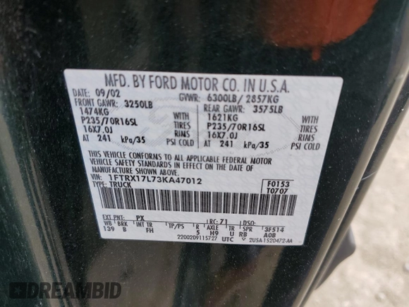 2003 Ford F-150 XL with VIN 1FTRX17L73KA47012, listed as a Copart auction lot 47410495 with 206,967 mi miles and Salvage title. Bid and sale history available at DreamBid. Image 12.