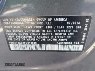 2015 Volkswagen Passat 1.8T Wolfsburg Ed with VIN 1VWAT7A3XFC010262, listed as a IAAI auction lot 41860210 with 99,775 mi miles. Bid and sale history available at carsss.com. Image 9.