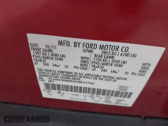 2016 Ford Explorer с VIN 1FM5K8B89GGB31720, выставлен на аукционе IAAI как лот 42504335 с пробегом 150 699 миль миль и . История ставок и продаж доступна на DreamBid. Изображение 9.