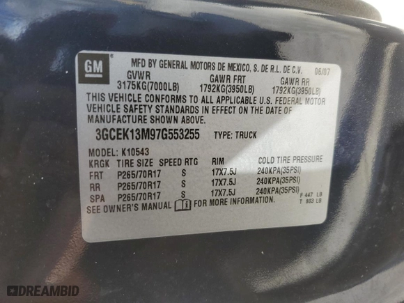 2007 Chevrolet Silverado 1500 LT w/1LT with VIN 3GCEK13M97G553255, listed as a Copart auction lot 52851025 with 159,552 mi miles and Salvage Title. Bid and sale history available at carsss.com. Image 12.