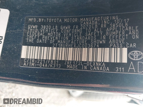 2018 Toyota Corolla L with VIN 2T1BURHEXJC003674, listed as a IAAI auction lot 42511551 with 184,697 mi miles and . Bid and sale history available at DreamBid. Image 9.