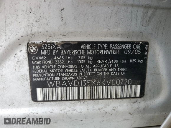 2006 BMW 3 Series 325xi with VIN WBAVD135X6KV00720, listed as a Copart auction lot 58437145 with 148,343 mi miles and Salvage title. Bid and sale history available at DreamBid. Image 13.