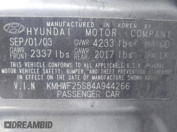 2004 Hyundai Sonata with VIN KMHWF25S84A944266, listed as a IAAI auction lot 41723386 with 159,849 mi miles. Bid and sale history available at carsss.com. Image 9.