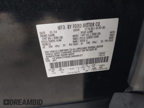 2014 Ford Explorer Limited with VIN 1FM5K7F84EGB68627, listed as a IAAI auction lot 42037583 with 171,436 mi miles and . Bid and sale history available at carsss.com. Image 9.