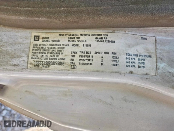 2005 Chevrolet Colorado LS Z85 with VIN 1GCCS198958279866, listed as a Copart auction lot 64752335 with Not provided miles and Clean title. Bid and sale history available at DreamBid. Image 10.