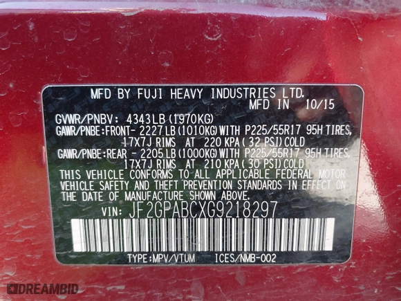 2016 Subaru Crosstrek Premium with VIN JF2GPABCXG9218297, listed as a IAAI auction lot 41187199 with 104,826 mi miles. Bid and sale history available at carsss.com. Image 9.