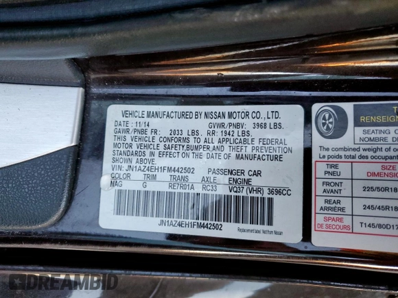 2015 Nissan 370Z with VIN JN1AZ4EH1FM442502, listed as a Copart auction lot 48332035 with 101,462 mi miles and Salvage Title. Bid and sale history available at carsss.com. Image 13.