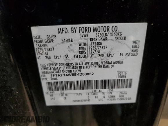 2008 Ford F-150 XL with VIN 1FTRF14W58KD80852, listed as a Copart auction lot 49785705 with 107,136 mi miles and Salvage Title. Bid and sale history available at carsss.com. Image 12.