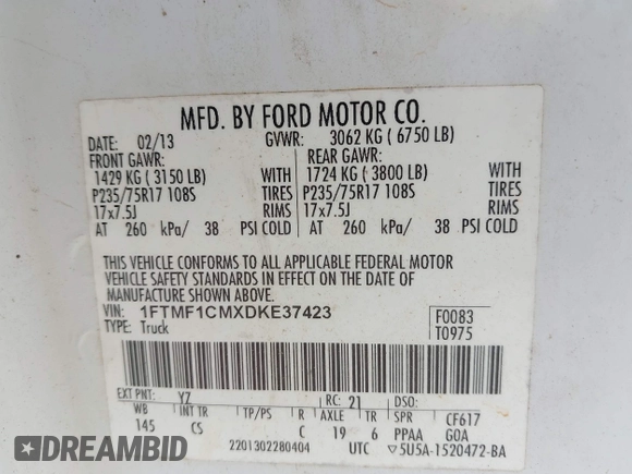 2013 Ford F-150 XL with VIN 1FTMF1CMXDKE37423, listed as a IAAI auction lot 42261679 with 185,759 mi miles and . Bid and sale history available at DreamBid. Image 9.