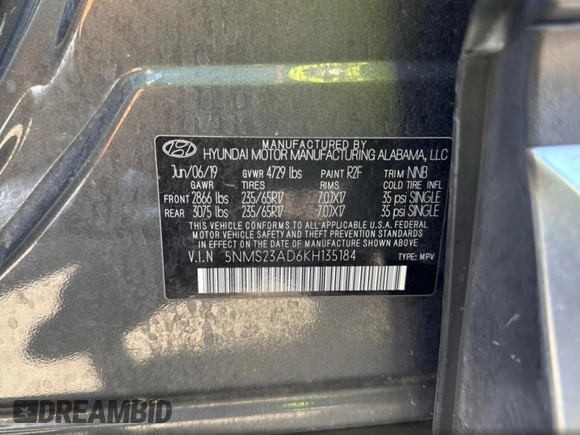 2019 Hyundai Santa Fe SE with VIN 5NMS23AD6KH135184, listed as a Copart auction lot 55706565 with 196,819 mi miles and Clean Title. Bid and sale history available at carsss.com. Image 10.
