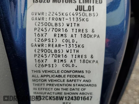 2002 Isuzu Rodeo S with VIN 4S2CK58W124301647, listed as a Copart auction lot 56973895 with 129,009 mi miles and Salvage title. Bid and sale history available at DreamBid. Image 13.
