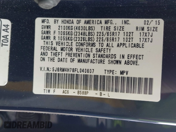 2015 Honda CR-V EX-L with VIN 5J6RM4H78FL040607, listed as a IAAI auction lot 41953997 with 128,969 mi miles. Bid and sale history available at carsss.com. Image 9.