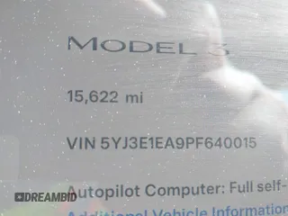 2023 Tesla Model 3 with VIN 5YJ3E1EA9PF640015, listed as a IAAI auction lot 41622086 with 15,622 mi miles and . Bid and sale history available at carsss.com. Image 15.