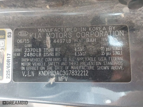 2016 Kia Sportage LX with VIN KNDPB3AC3G7832212, listed as a IAAI auction lot 41621091 with 206,411 mi miles. Bid and sale history available at carsss.com. Image 9.