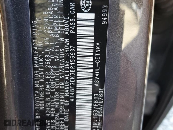 2011 Toyota Camry LE z VIN 4T4BF3EK3BR156937, wystawiony jako Copart lot #57290555 z przebiegiem 299 321 mil mil oraz Szkoda całkowita • Salvage title. Historia ofert i sprzedaży dostępna na DreamBid. Obrazek 12.