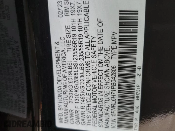 2023 Honda Odyssey Sport with VIN 5FNRL6H71PB042806, listed as a Copart auction lot 81768594 with Not Provided miles and Salvage Title. Bid and sale history available at carsss.com. Image 15.