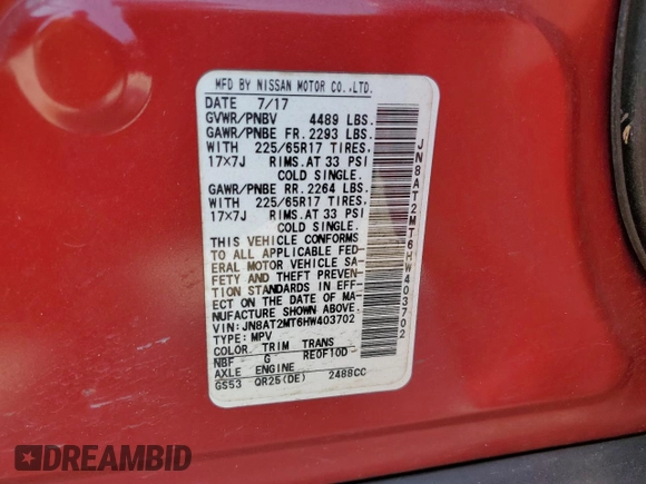 2017 Nissan Rogue S with VIN JN8AT2MT6HW403702, listed as a Copart auction lot 46864555 with 66,035 mi miles and Salvage Title. Bid and sale history available at carsss.com. Image 15.