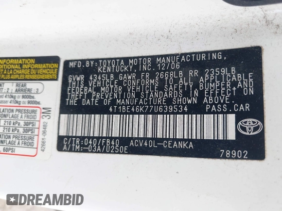 2007 Toyota Camry CE with VIN 4T1BE46K77U639534, listed as a IAAI auction lot 42094440 with 172,318 mi miles and . Bid and sale history available at DreamBid. Image 9.