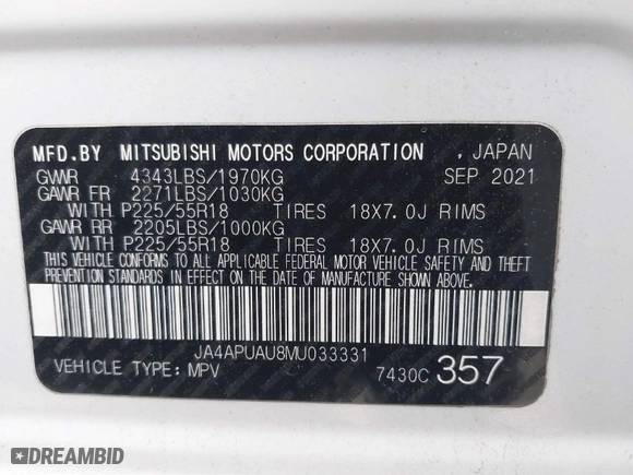 2021 Mitsubishi Outlander Sport ES with VIN JA4APUAU8MU033331, listed as a IAAI auction lot 41315138 with 86,023 mi miles. Bid and sale history available at carsss.com. Image 9.