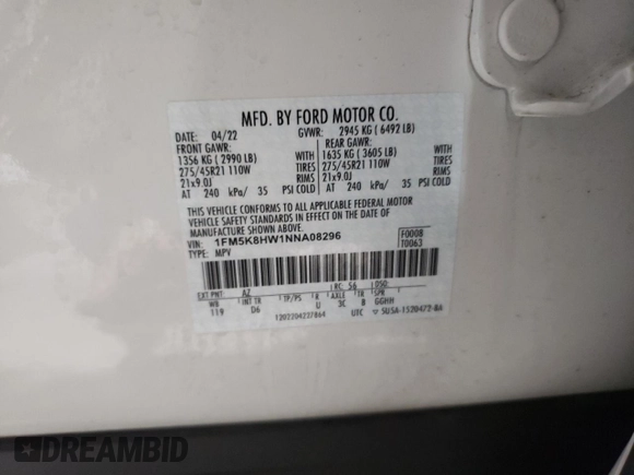 2022 Ford Explorer Platinum with VIN 1FM5K8HW1NNA08296, listed as a Copart auction lot 84750084 with 42,879 mi miles and Salvage Title. Bid and sale history available at carsss.com. Image 13.