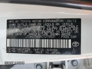 2012 Toyota Prius One with VIN JTDKDTB3XC1015531, listed as a Copart auction lot 54593835 with 186,487 mi miles and Salvage Title. Bid and sale history available at DreamBid. Image 13.