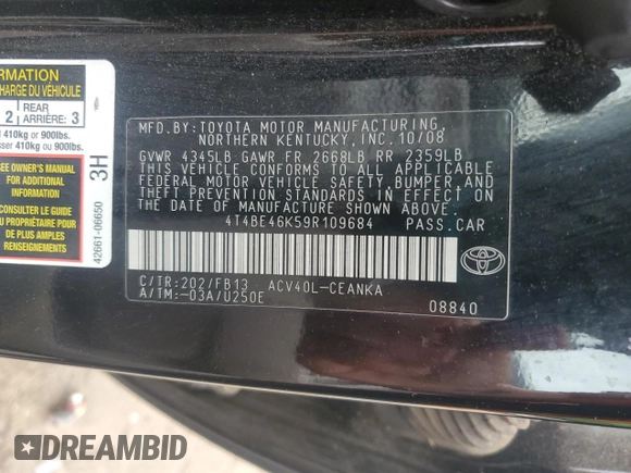2009 Toyota Camry with VIN 4T4BE46K59R109684, listed as a Copart auction lot 55817425 with 150,572 mi miles and Clean Title. Bid and sale history available at DreamBid. Image 12.