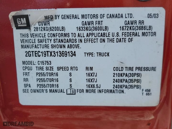 2003 GMC Sierra 1500 SLE with VIN 2GTEC19TX31369134, listed as a Copart auction lot 71197964 with 0 mi miles and Salvage Title. Bid and sale history available at carsss.com. Image 13.