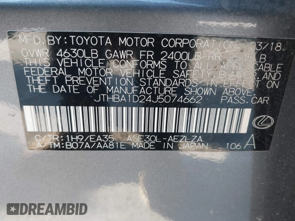 2018 Lexus IS 300 z VIN JTHBA1D24J5074662, wystawiony jako IAAI lot #41678780 z przebiegiem Nie podano mil oraz . Historia ofert i sprzedaży dostępna na DreamBid. Obrazek 9.