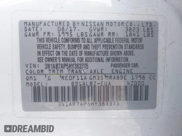 2017 Nissan Sentra SR z VIN 3N1AB7AP5HY383375, wystawiony jako IAAI lot #42171361 z przebiegiem 67 401 mil mil oraz . Historia ofert i sprzedaży dostępna na DreamBid. Obrazek 9.