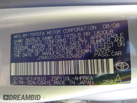2009 Scion xD with VIN JTKKU10439J034827, listed as a IAAI auction lot 42441584 with 192,136 mi miles and . Bid and sale history available at DreamBid. Image 9.