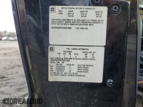 1996 Pontiac Firebird Formula with VIN 2G2FV22PXT2231920, listed as a Copart auction lot 85887014 with Not provided miles and Salvage title. Bid and sale history available at DreamBid. Image 12.