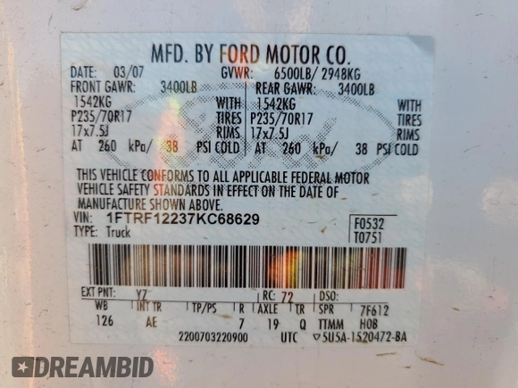 2007 Ford F-150 XL with VIN 1FTRF12237KC68629, listed as a Copart auction lot 87322514 with 167,487 mi miles and Salvage Title. Bid and sale history available at carsss.com. Image 12.