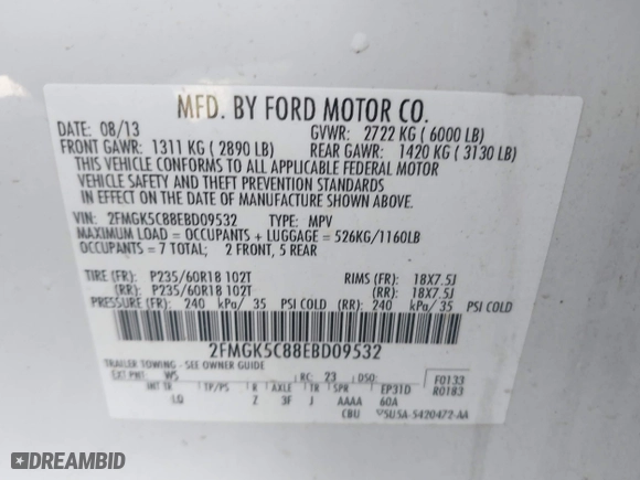 2014 Ford Flex SEL with VIN 2FMGK5C88EBD09532, listed as a IAAI auction lot 41834235 with 207,230 mi miles. Bid and sale history available at carsss.com. Image 9.
