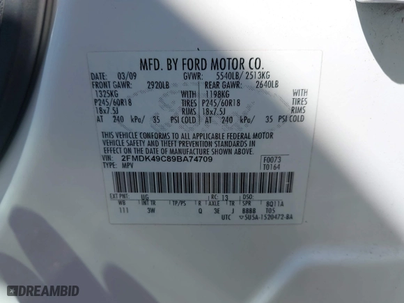 2009 Ford Edge Limited with VIN 2FMDK49C89BA74709, listed as a IAAI auction lot 42006544 with 182,982 mi miles. Bid and sale history available at carsss.com. Image 9.