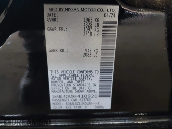 2024 Nissan Altima SR with VIN 1N4BL4CV2RN410920, listed as a IAAI auction lot 42474952 with 23,587 mi miles and . Bid and sale history available at DreamBid. Image 9.