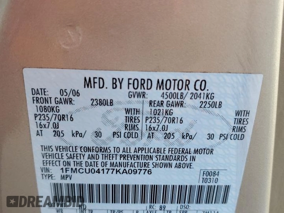 2007 Ford Escape Limited with VIN 1FMCU04177KA09776, listed as a Copart auction lot 60784535 with 175,679 mi miles and Salvage title. Bid and sale history available at DreamBid. Image 13.