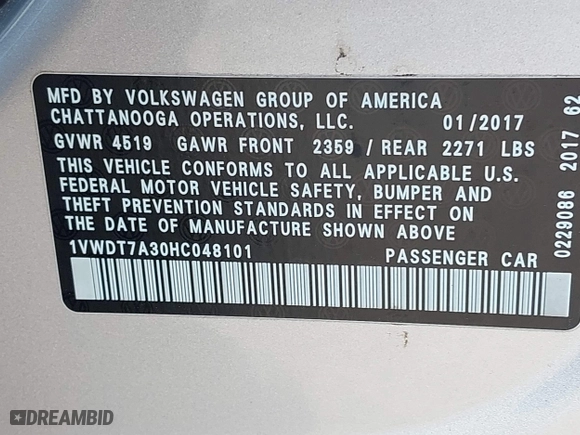 2017 Volkswagen Passat R-Line w/Comfort Pkg with VIN 1VWDT7A30HC048101, listed as a IAAI auction lot 41823508 with 53,681 mi miles. Bid and sale history available at carsss.com. Image 9.