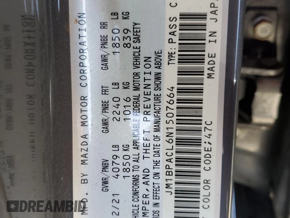 2022 Mazda 3 Carbon Edition with VIN JM1BPACL6N1507664, listed as a Copart auction lot 57847125 with 34,258 mi miles and Salvage title. Bid and sale history available at DreamBid. Image 12.