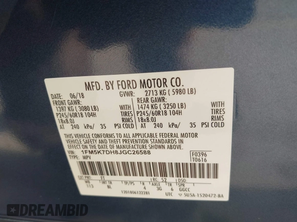 2018 Ford Explorer XLT with VIN 1FM5K7DH8JGC26588, listed as a IAAI auction lot 41747838 with 149,227 mi miles and . Bid and sale history available at DreamBid. Image 9.