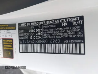 2022 Mercedes-Benz C 300 with VIN W1KAF4GB8NR016960, listed as a IAAI auction lot 42056468 with 38,229 mi miles and . Bid and sale history available at DreamBid. Image 9.