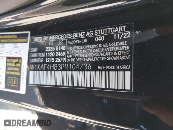 2023 Mercedes-Benz C 300 with VIN W1KAF4HB3PR104736, listed as a IAAI auction lot 42047876 with 17,018 mi miles and . Bid and sale history available at DreamBid. Image 9.