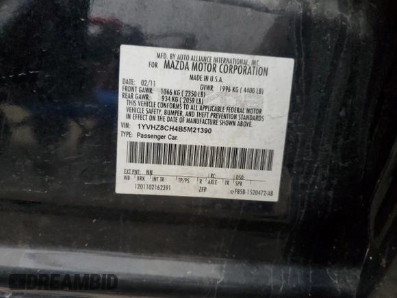 2011 Mazda Mazda6 i Touring with VIN 1YVHZ8CH4B5M21390, listed as a Copart auction lot 85293774 with 222,072 mi miles and Salvage Title. Bid and sale history available at carsss.com. Image 12.