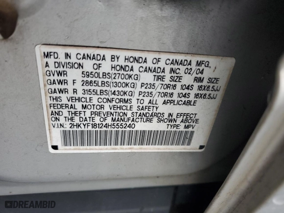 2004 Honda Pilot LX with VIN 2HKYF18124H555240, listed as a Copart auction lot 45273385 with 250,091 mi miles and Salvage Title. Bid and sale history available at carsss.com. Image 13.