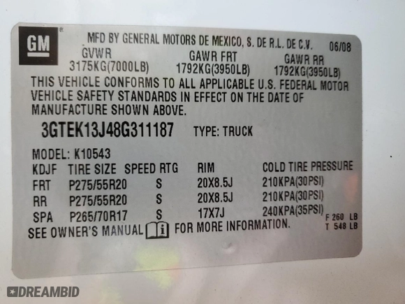 2008 GMC Sierra 1500 SLE1 with VIN 3GTEK13J48G311187, listed as a Copart auction lot 43784715 with 105,856 mi miles and Salvage Title. Bid and sale history available at carsss.com. Image 14.