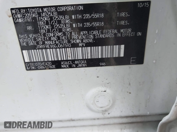 2016 Toyota RAV4 Limited with VIN JTMYFREV6GJ061593, listed as a IAAI auction lot 42188936 with 180,361 mi miles and . Bid and sale history available at DreamBid. Image 9.