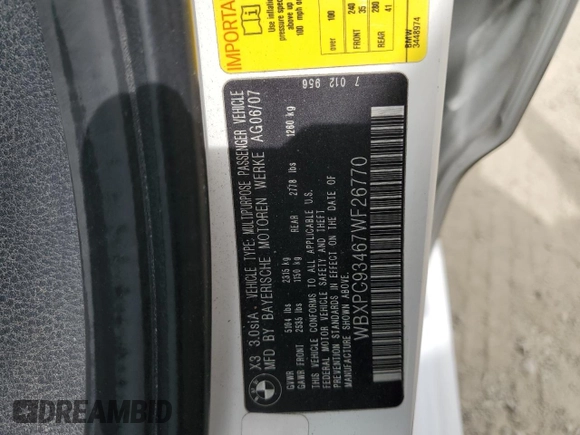 2007 BMW X3 3.0si with VIN WBXPC93467WF26770, listed as a Copart auction lot 54630845 with 159,760 mi miles and Salvage Title. Bid and sale history available at DreamBid. Image 13.